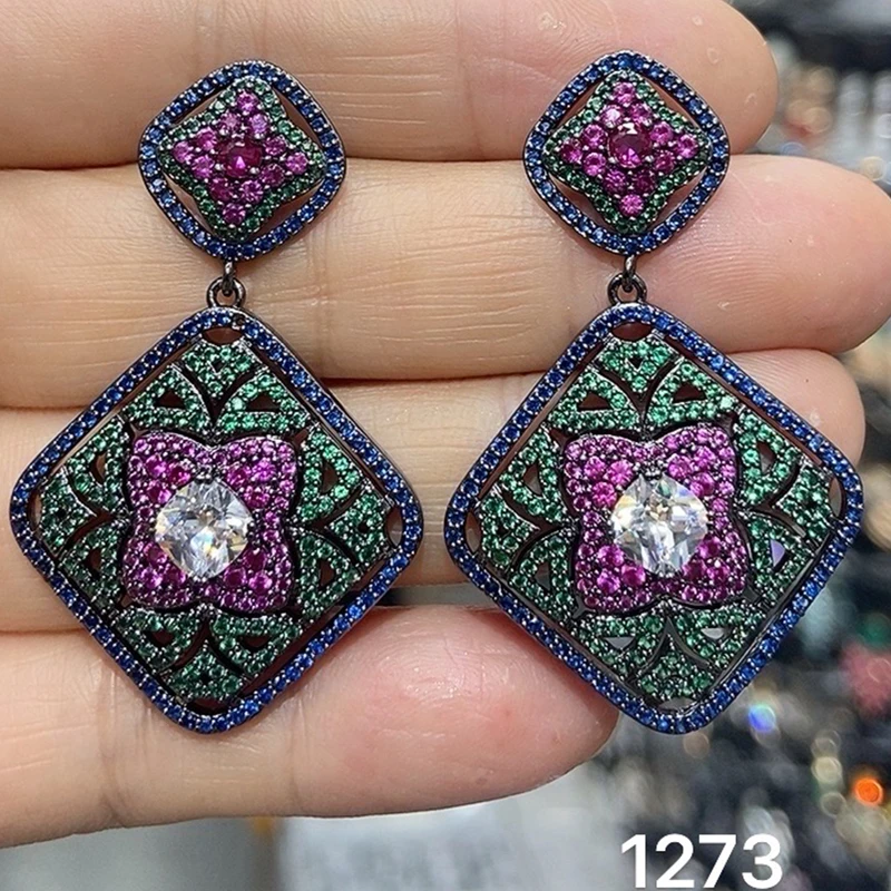 Cubic Zirconia Earrings for Women Luxury Jewelry Square Rhombus Pendant Earrings Purple Green Blue White Yellow Zircon Jewelry