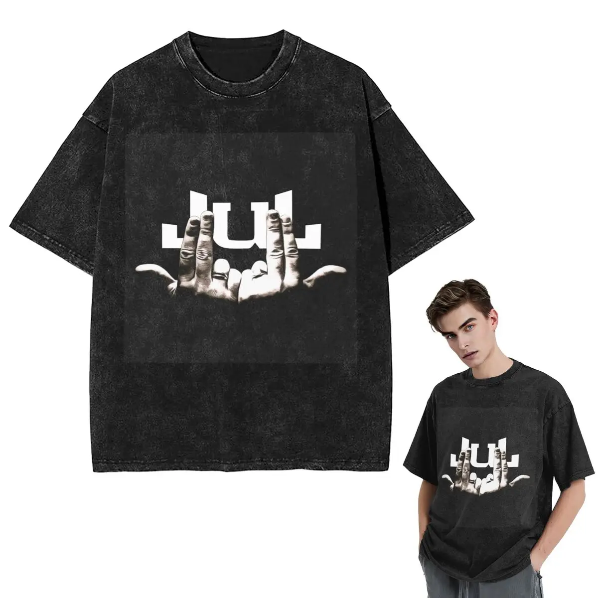 

Streetwear T-Shirts Jul Hand Symbol Washed T Shirt Short Sleeve Hip Hop T-Shirt Tops Tees for Men Women