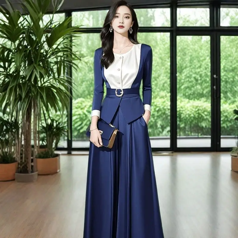 

Spring 2025 New Elegant Women's Suit French Fashion Single Berasted Jacket Top With Belt + Wide Leg Pants 2 Piece Set Office OL