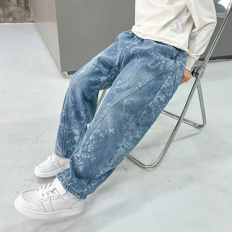 Children Boys Denim Jeans 2026 Spring Summer Loose Harem Wide Leg Pants Trendy Jacquard Trousers Casual Streetwear Bottoms