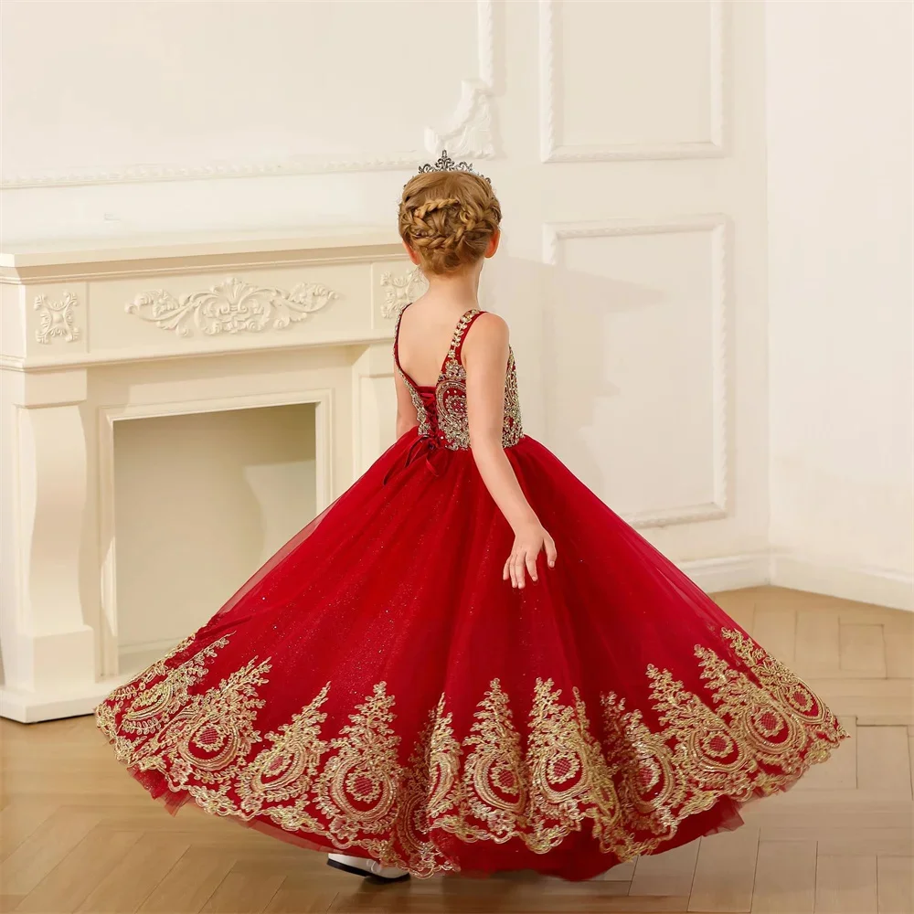 Red Fower Mädchen Kleid Applikation Tüll ärmellose Pailletten elegante Geburtstags feier Kleid für Hochzeit Kinder Erstkommunion Ballkleider