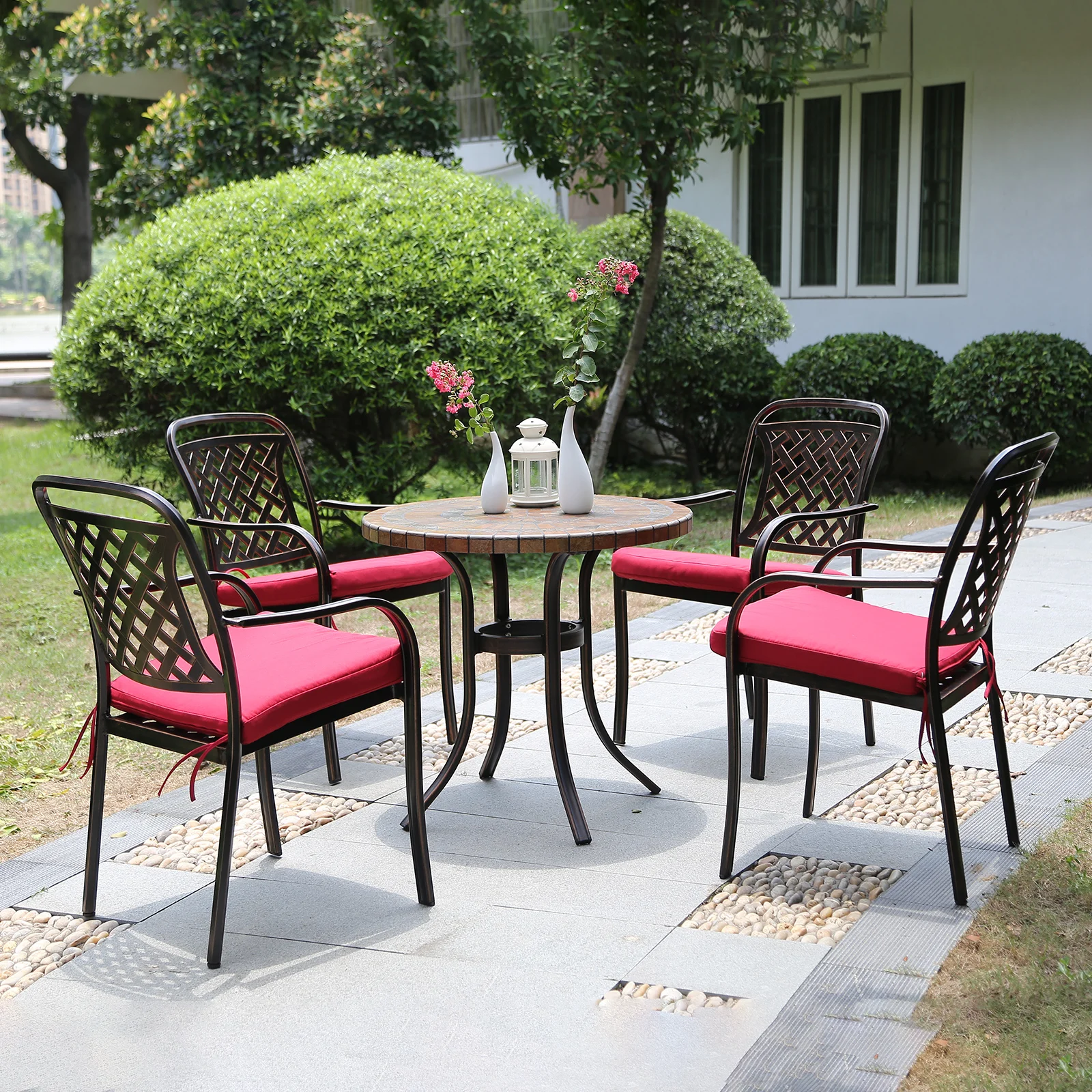 Tile Patio Table Aluminum Frame Outdoor Table Bistro Table All Weather Garden Table Faux Wood Grain Backyard Table Dining Table