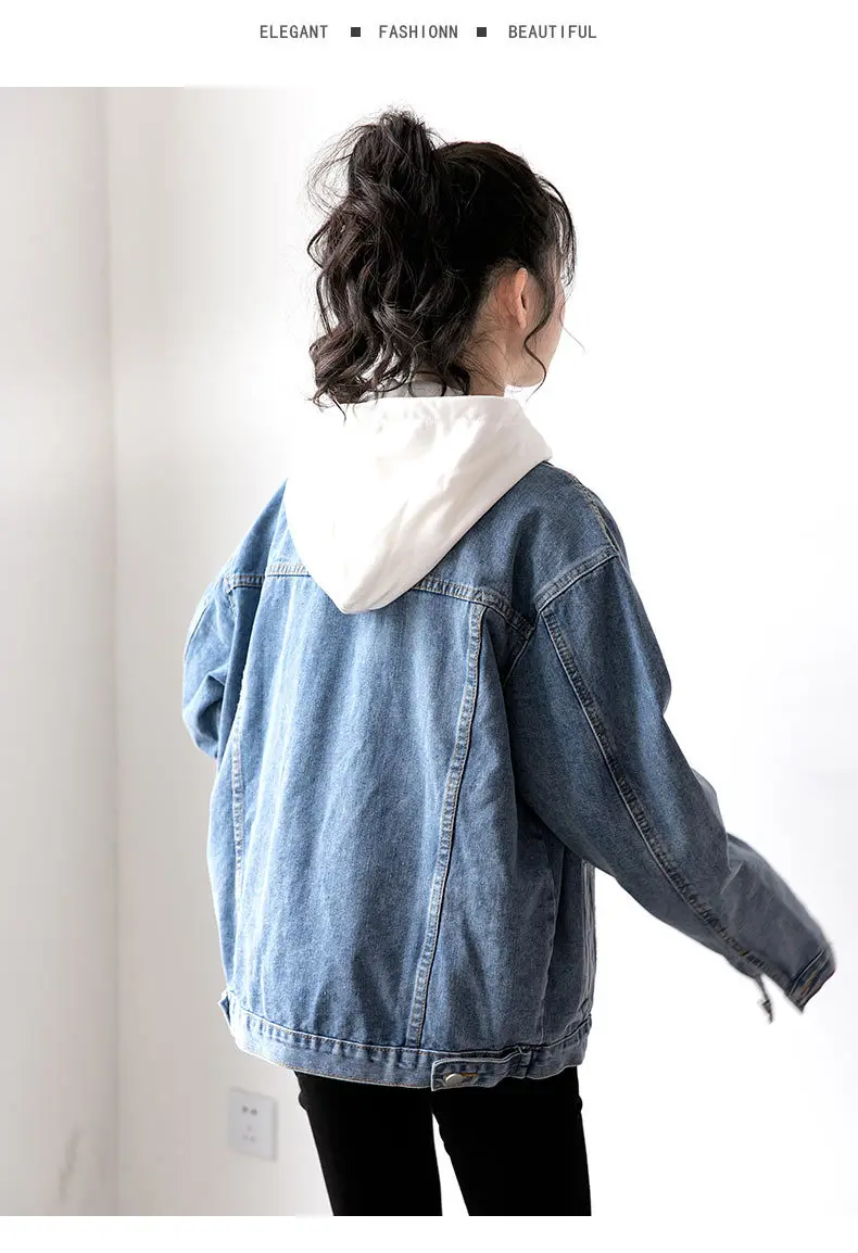 봄 가을 새로운 복고풍 긴팔 데님 재킷. 한국 스타일의 여성용 캐주얼 루즈하고 달콤하고 편안한 라펠 재킷