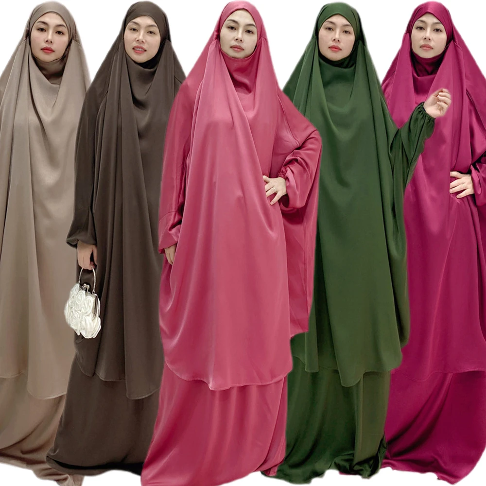 

2PCS Eid Ramadan Prayer Garment Dress Muslim Women Khimar Abayas Islamic Niqab Burqa Overhead Skirt Set Robe Hijab Abaya Kaftan