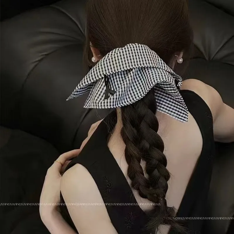 

Square Large Black White Checkered Striated Leopard Print Bowknot Heart Intestine Hair Ties for Women Fashion Temperament Scarf