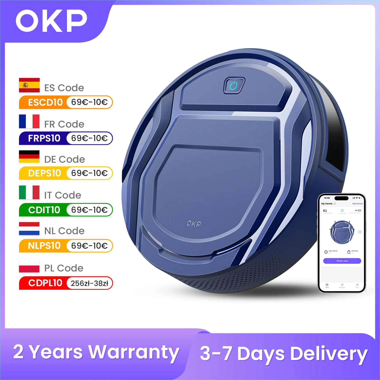 OKP K2 Robot Aspirateur 2200Pa, contrôle de l'assistant App/Google, idéal pour les poils d'animaux, la moquette et les sols durs.