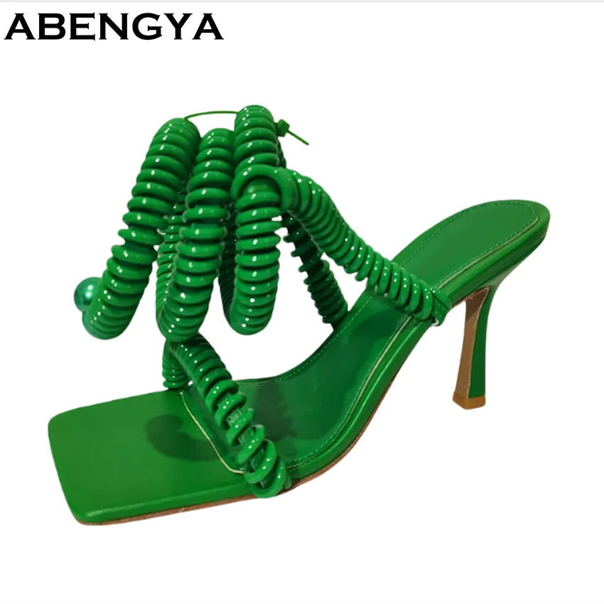 

Summer Telephone Line High Heels Sandals Woman Ankle Strap Dress Party Shoes Woman Sexy Stiletto Square Toe Sandalias Mujer