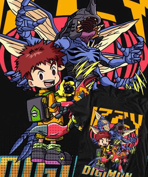 T-shirt Anime japonais unisexe, Digimon Izzy y Tentomon Transformación Kabuterimon
