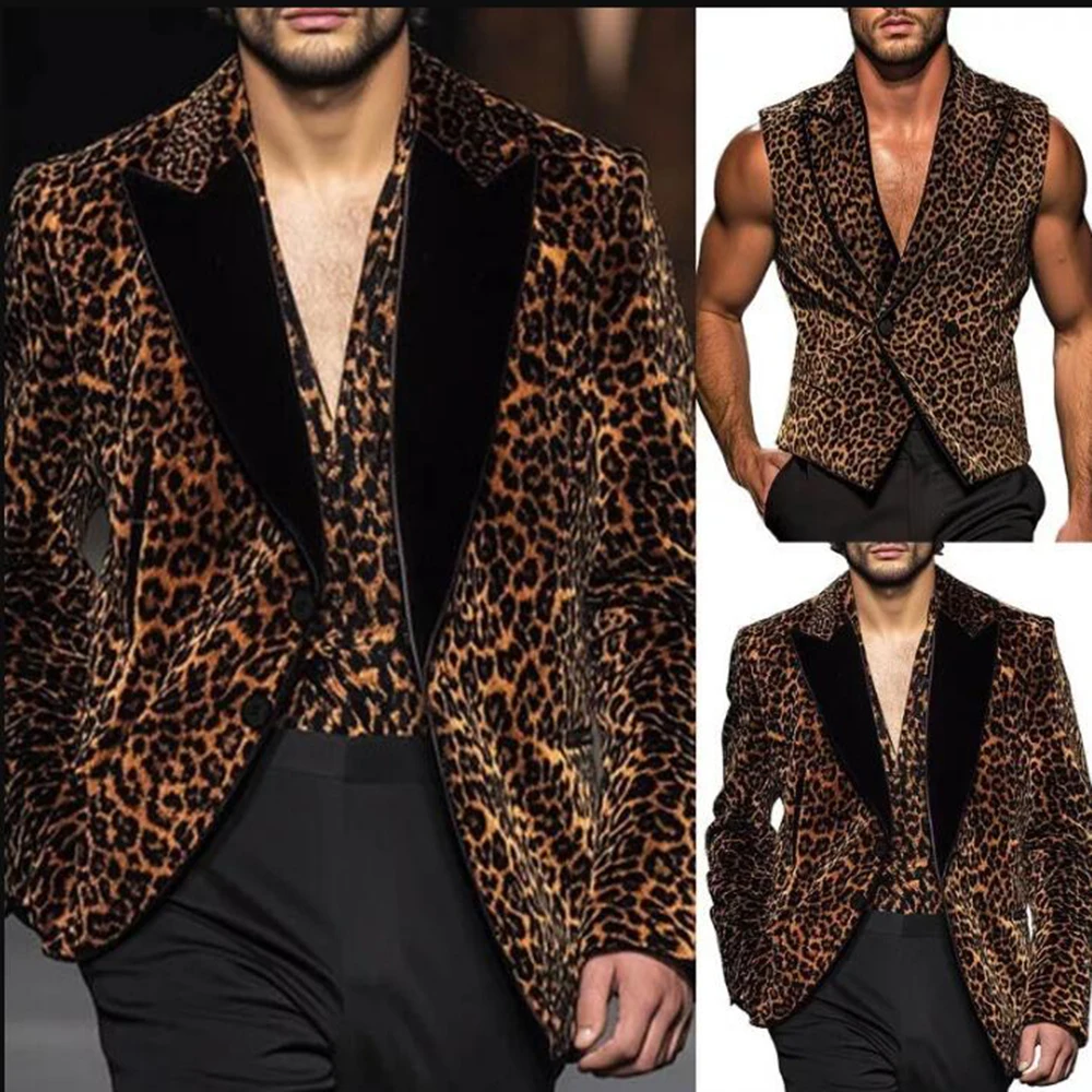 Elegant Brown Leopard Print Suits Men Black Peaked Lapel Prom Blazers Customized Formal Party Groom Wedding Tuxedos 3 Pieces Set