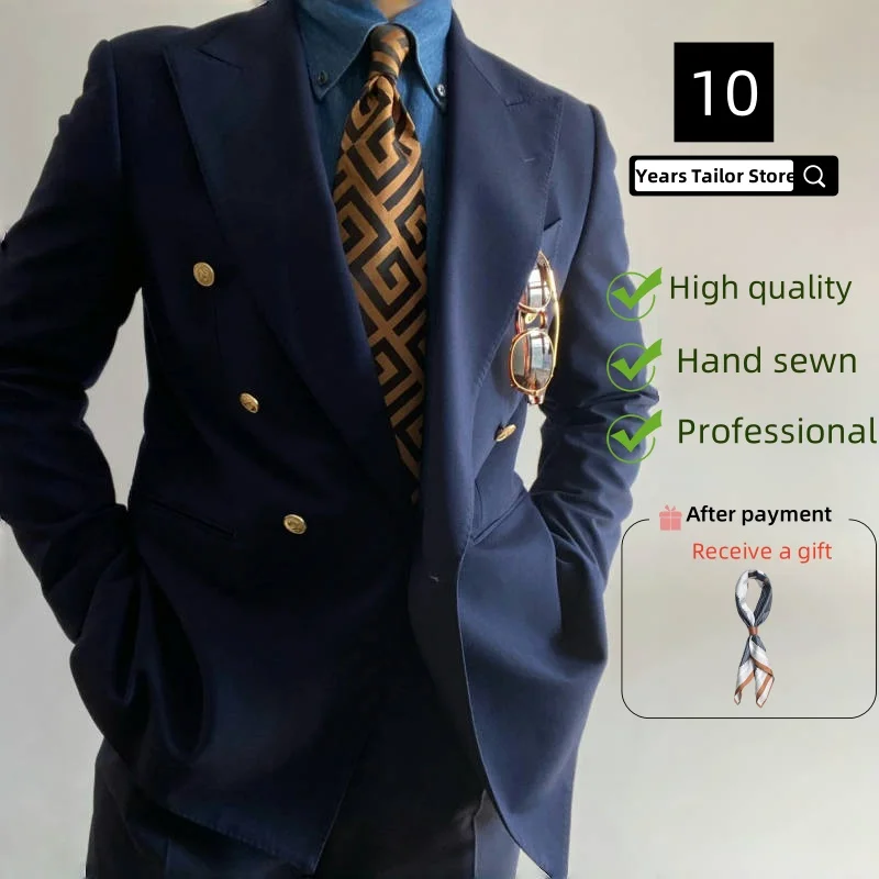 

Blazer Casual Suit Classic Navy blue Double-breasted Metal Buttons High Quality Top Shirt Regular Length Retro Jacket