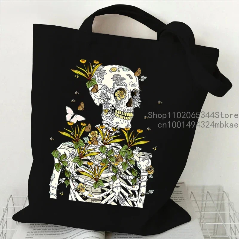 Crazy Plants Canvas Women Shoulder Bag Vintage Skeleton Floral Butterfly Shopping Bags Fashion Tote Bag Female Skull Handbags