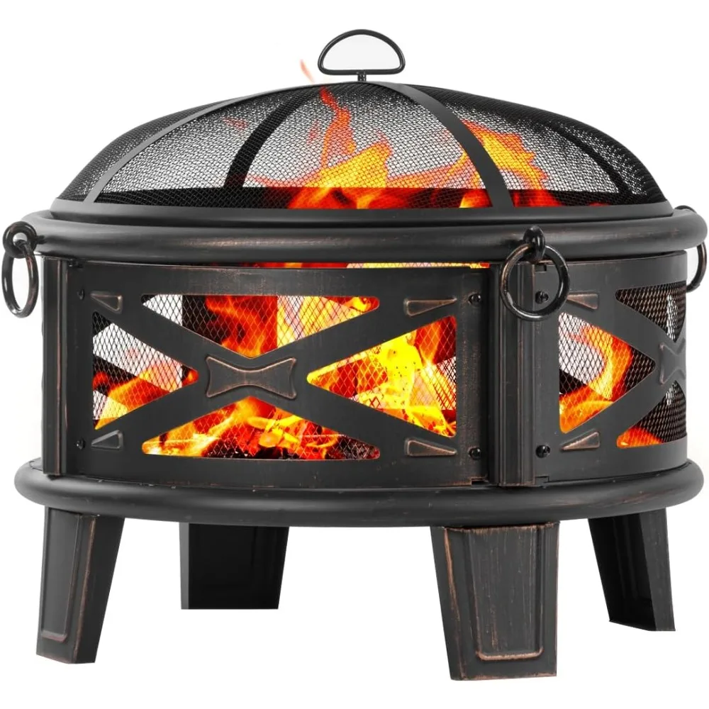

26" Fire Pit with Cooking Grill, Outdoor Wood Burning Firepit with Spark Screen, Metal Round Design for Patio, Bonfire Party, Id