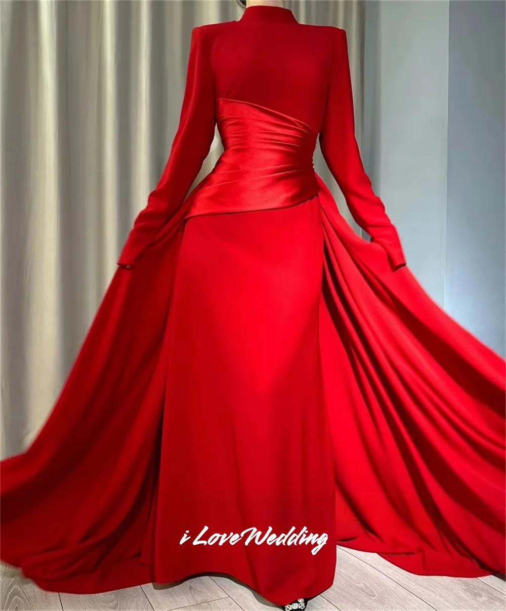 Красные вечерние платья с высоким воротом 2025, атласное платье русалки длиной до пола, платье для выпускного вечера, плиссированные свадебные платья по индивидуальному заказу