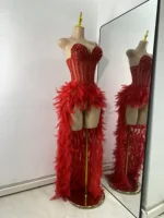 High Quality Women Sexy Straplss Crystals Diamonds Feather Luxury Party Dress Designer Mesh Transparent Performance Stage Outfit - Image 2
