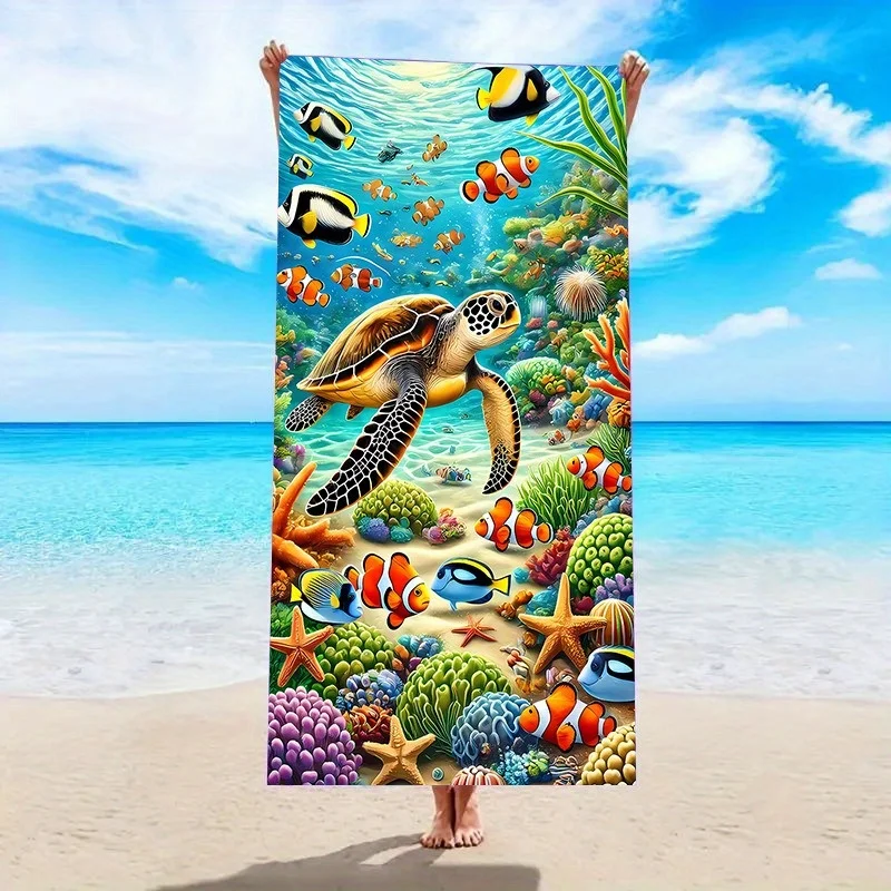 Ultra-Soft Quick-Dry Beach Towel Oceanic Paradise Turtle Fish Print Super Absorbent Microfiber Vibrant Cartoon Marine Life