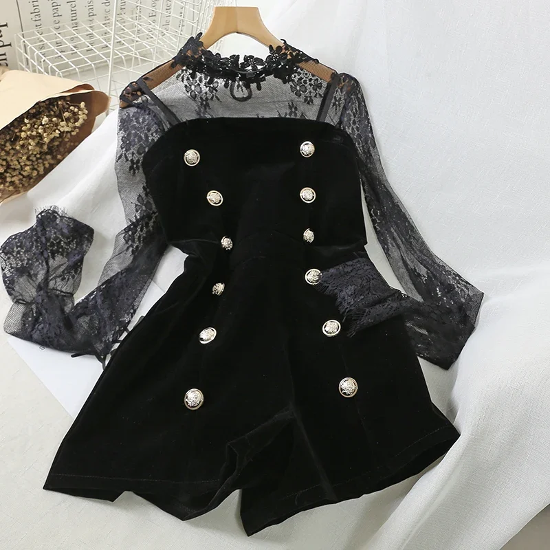 Autumn Elegant Long Sleeve Mesh Lace Shirt + Tube Top Double Breasted Slim Jumpsuit Two-Piece Rompers Sexy Bodysuit Black Woman