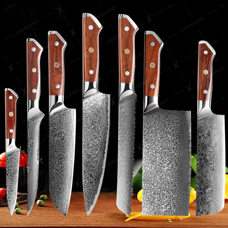 

Household Kitchen Chef Knife Meat Cleaver Damascus Knives Set VG10 Kitchen Knives Sharp Japanese Slicing Knife Bread knife