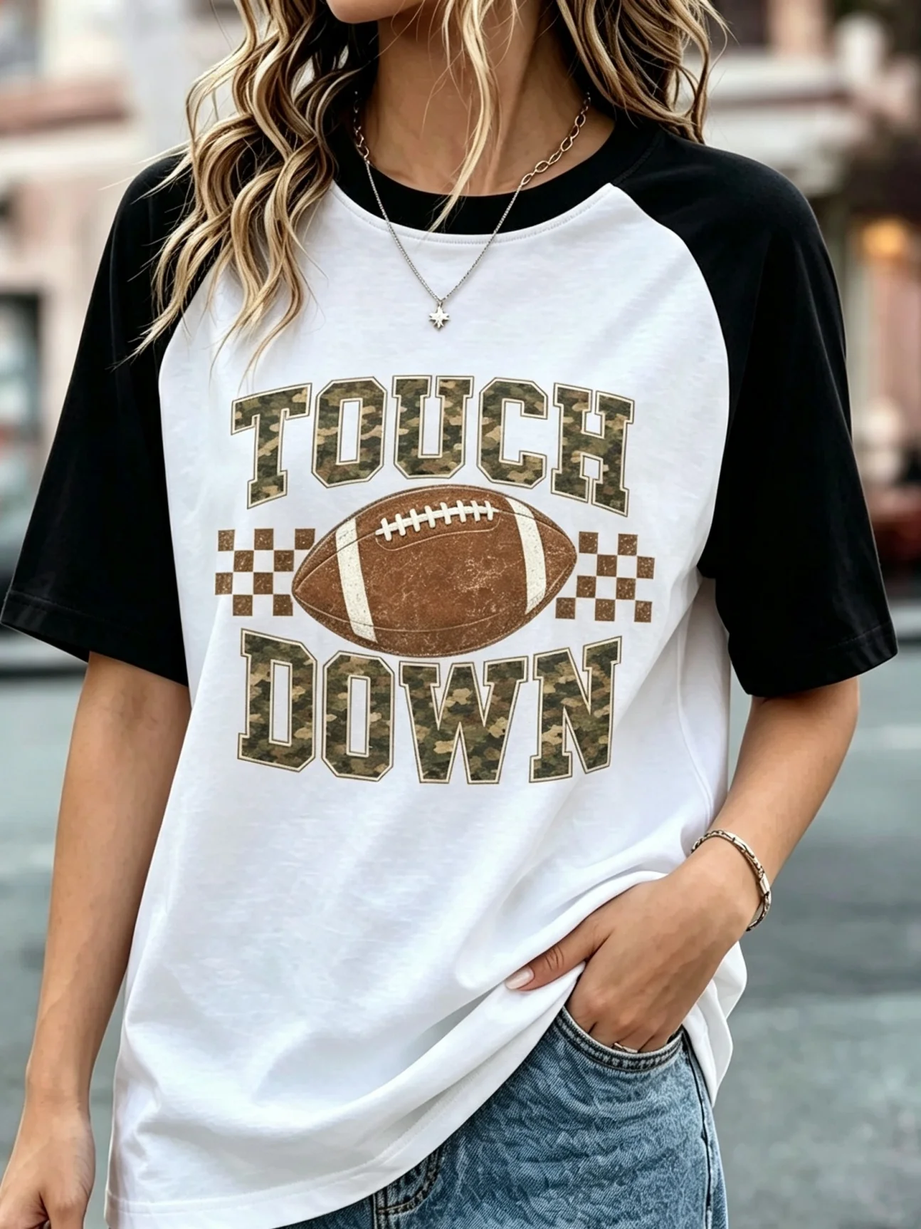 Touch Down Camo Letter Football Graphic Raglan T Shirts, Women Checkerboard Print Color Block Contrast Short Sleeve Casual Game Day Tee