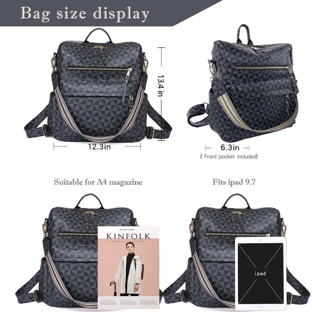 Mochila para mujer, bolso de viaje de cuero, moda Convertible, bolso de hombro universitario grande para mujer, cuadros Triangular negro