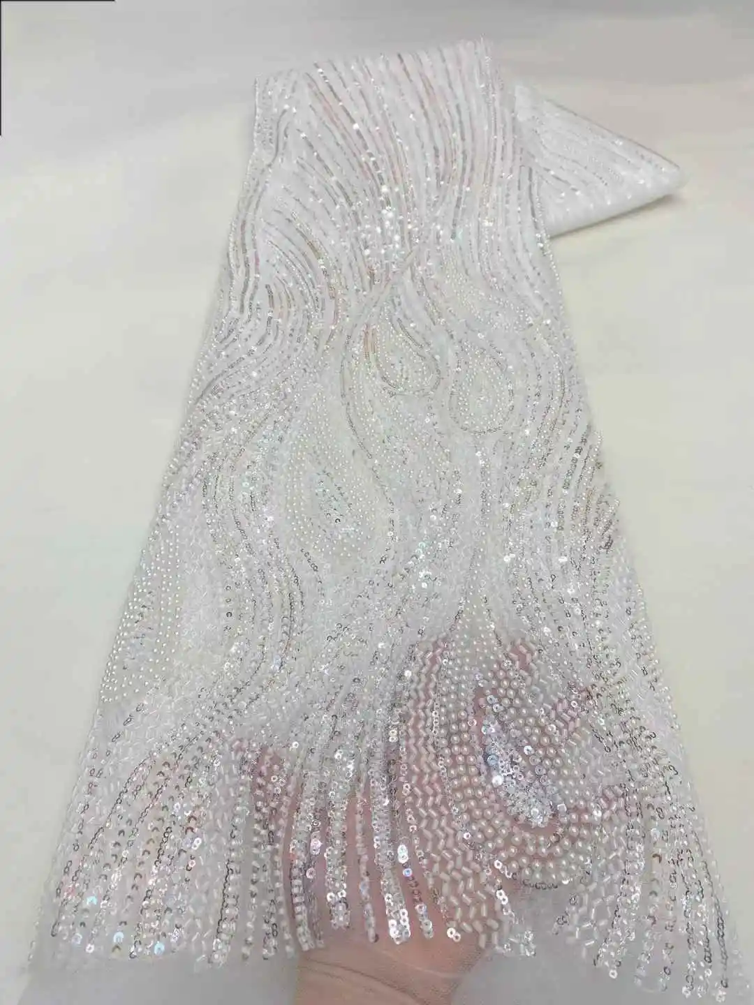

Latest African Beaded Lace Net Fabric 5 Yards 2025 High Quality Nigerian Wedding Material Luxury Sequins Beads Fabric for Sewing