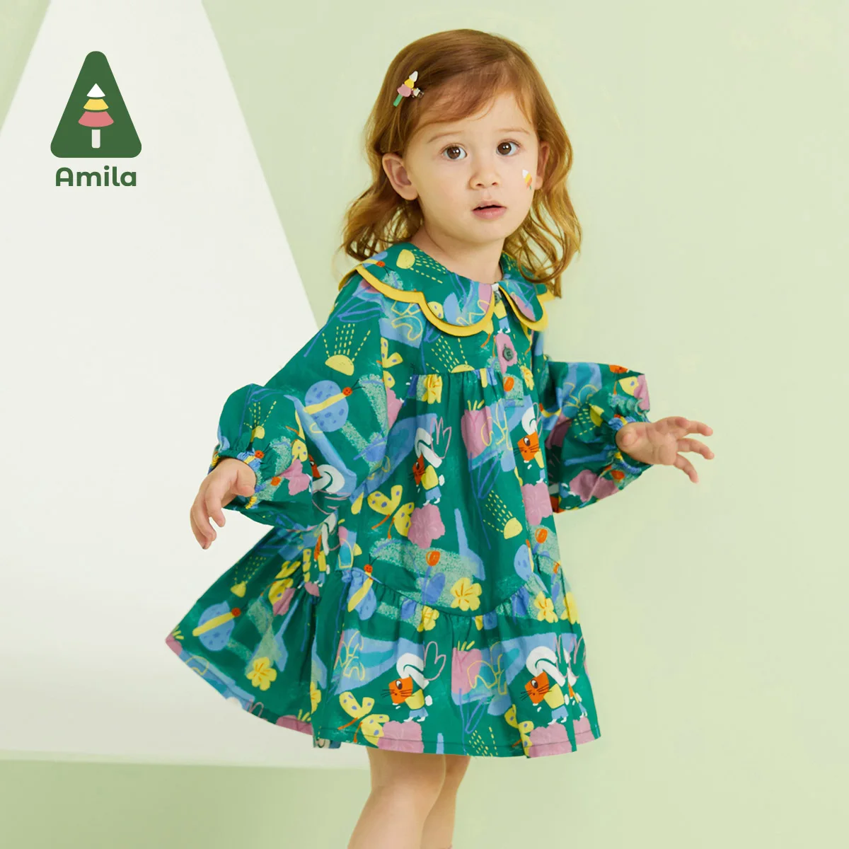 Amila Baby Girl Dress Spring New 100% Cotton Long Sleeve Original Print A-Line Dresses for 0-6 Years Sweet Children Clothes