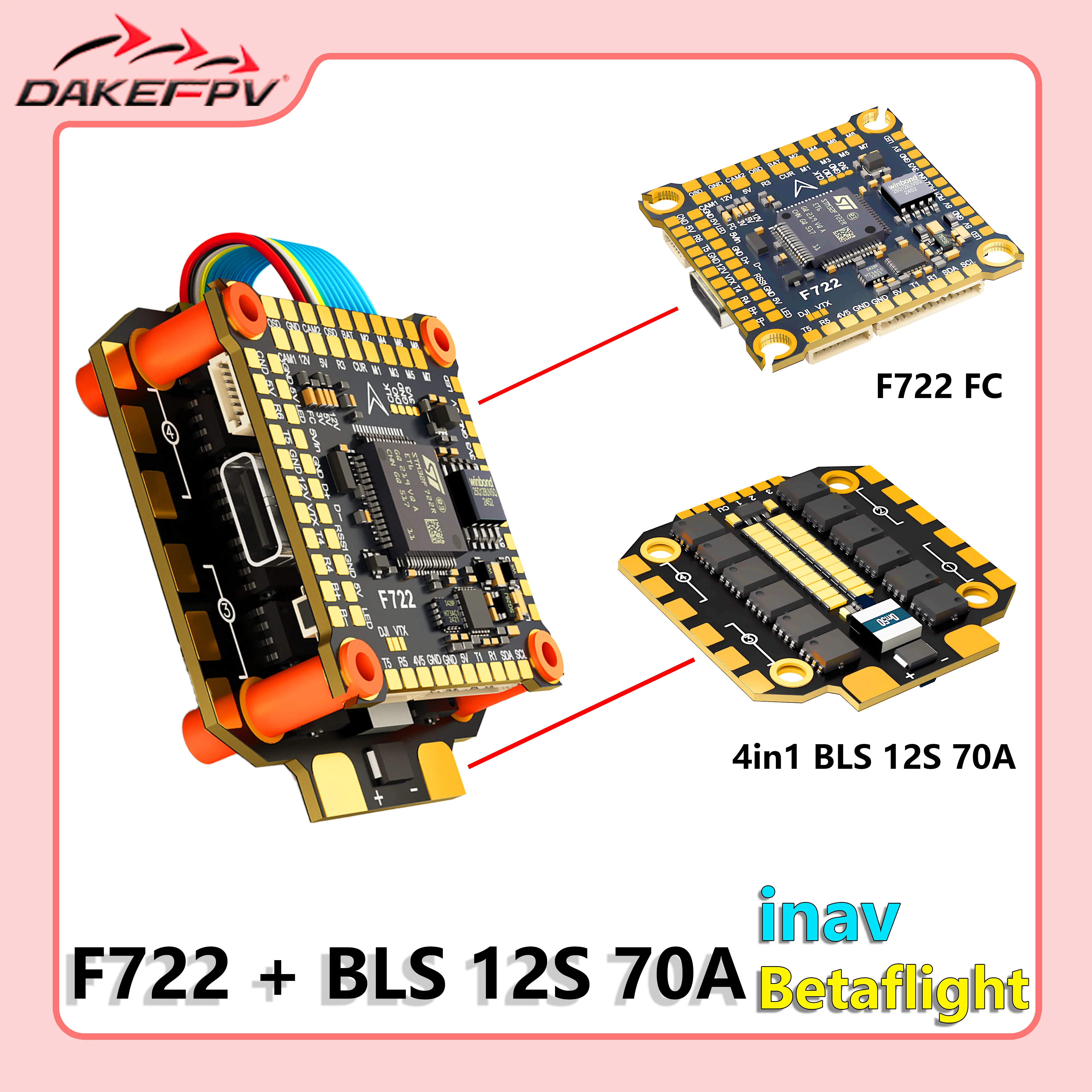 DAKEFPV F722 FC 12S 70A STACK 4IN1 Blheli_S 8bit ESC F722 Flight Controller Support Betaflight INAV For FPV 5inch RC drone DIY