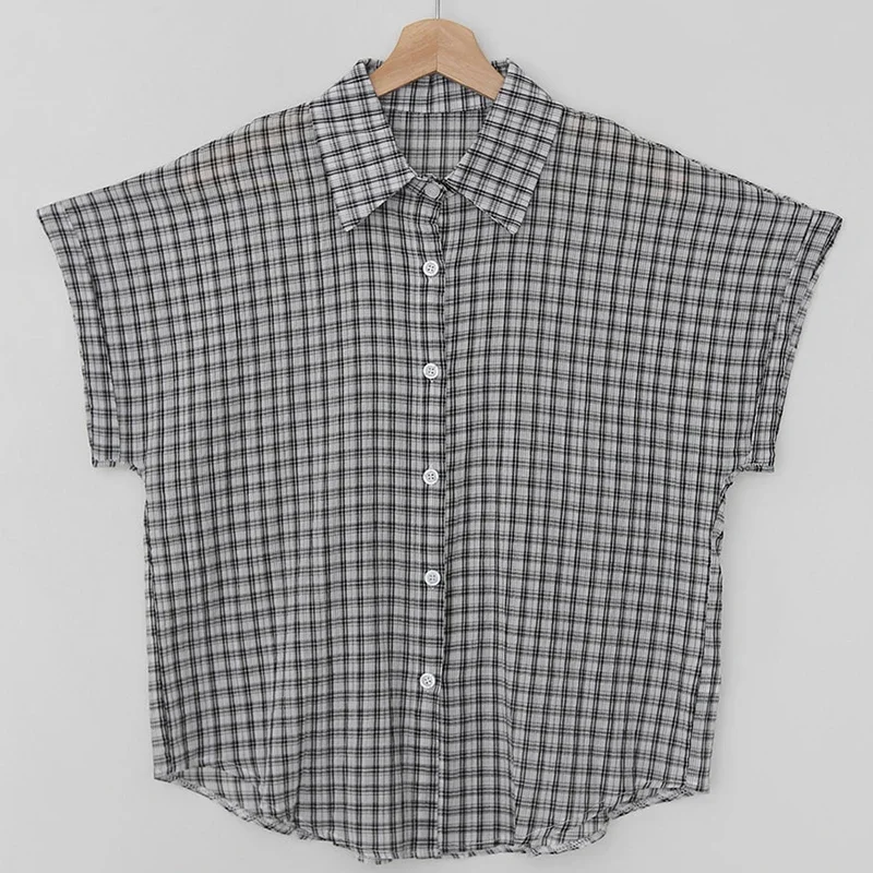 

Retro Plaid Women Shirt Summer Fashion Simple Lapel Thin Ladies Top Single Breasted Button Straight Tube Female Shirt