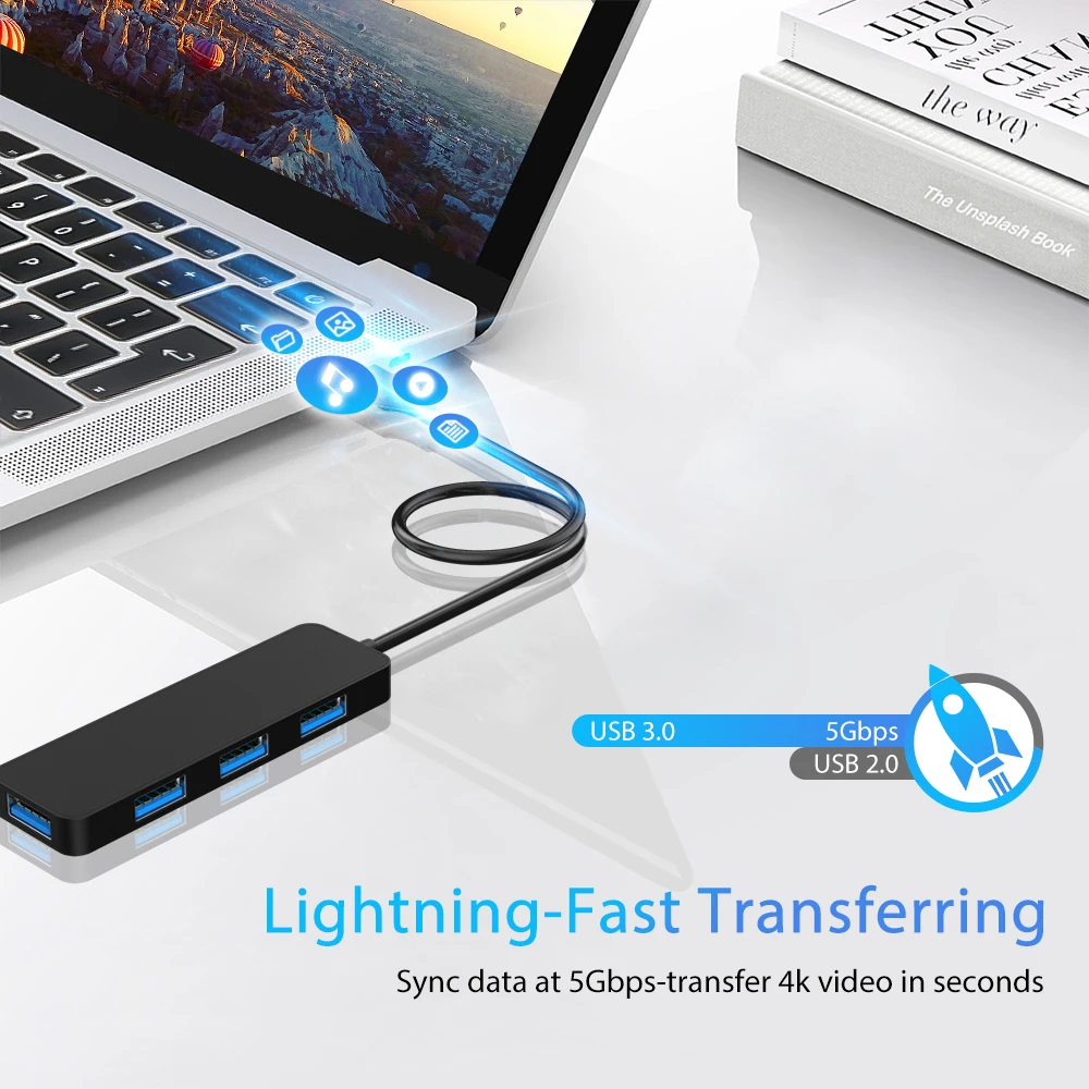 Goelely USB 3.0 HUB 4 USB 3.0 Ports High Speed Data Transfer USB HUB USB2.0 Extender Hub Splitter for Laptop Desktop 4-in-1 HUB