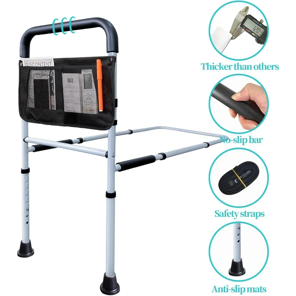 Rieles de cama ajustables para seguridad de personas mayores con bolsillo de almacenamiento, diapositivas debajo del colchón, gris