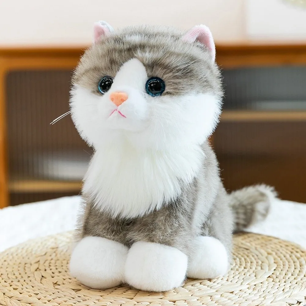 New Meow Sound Effect Fluffy Plush Cat Toy Soft Plush Cotton Realistic Stuffed Cat Doll Long Tail Simulated Cat Plushie Gift
