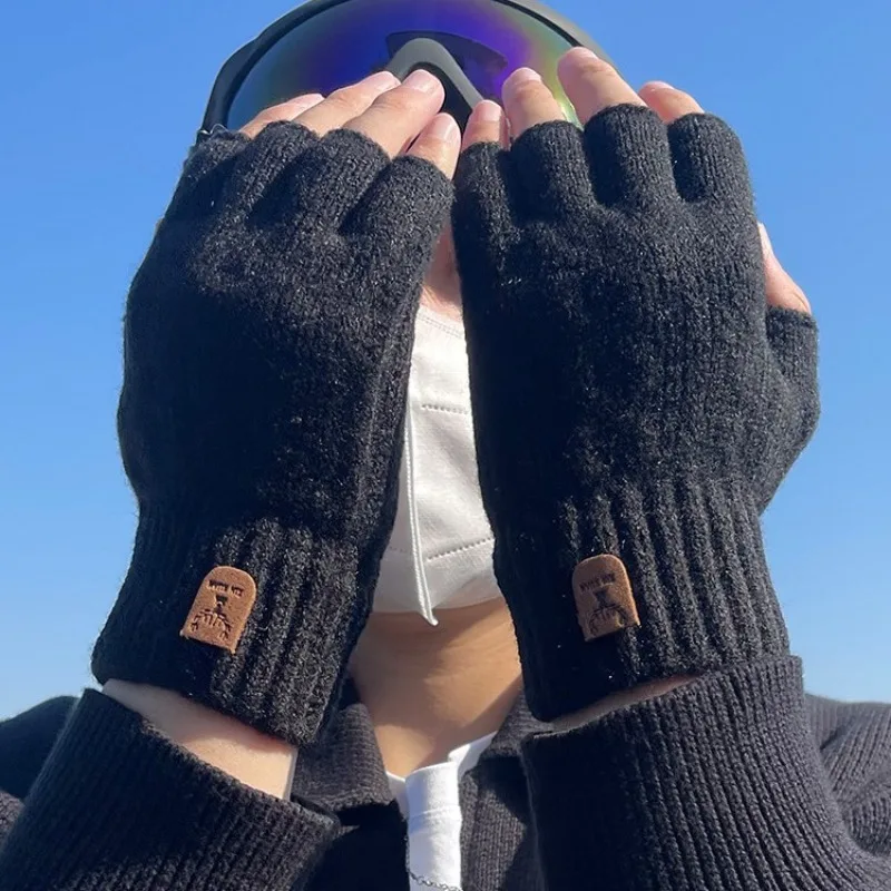 Winter Gloves for Men Students Alpaca Wool Warm Thick Elastic Driving Gloves Half Finger Writting Cycling Knitted Gloves HSTr04