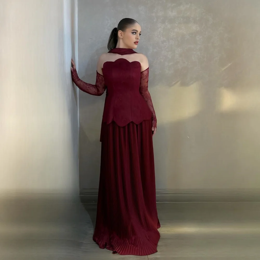 

Customized Matching Classic Casual Jersey Pleat Draped Lace A-line Strapless Long Dresses Bespoke Occasion Dresses High Quality