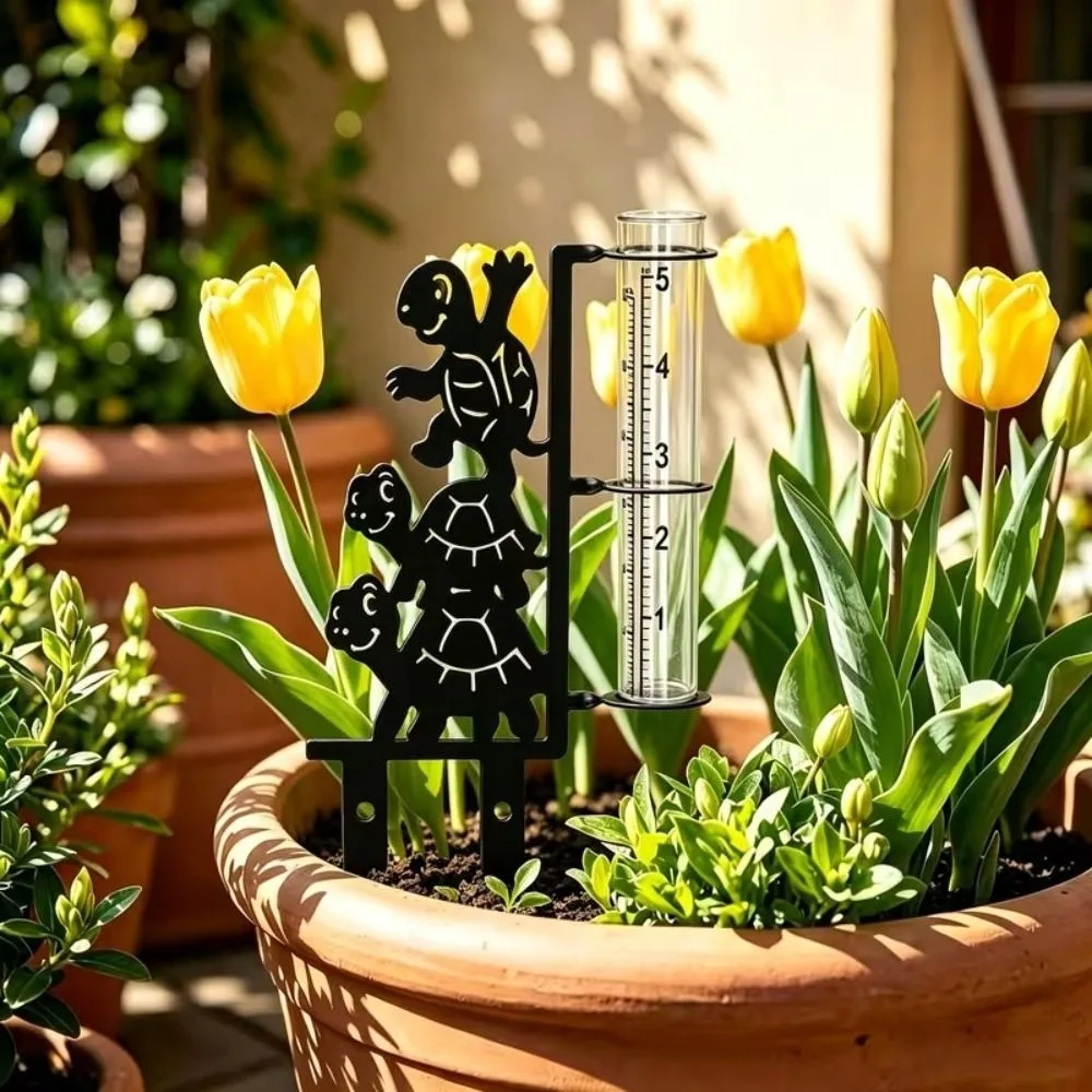 Iron Art Metal Frog Rain Gauge Stake Rustproof Removable Garden Stake Rain Water Collector Weatherproof with Scale