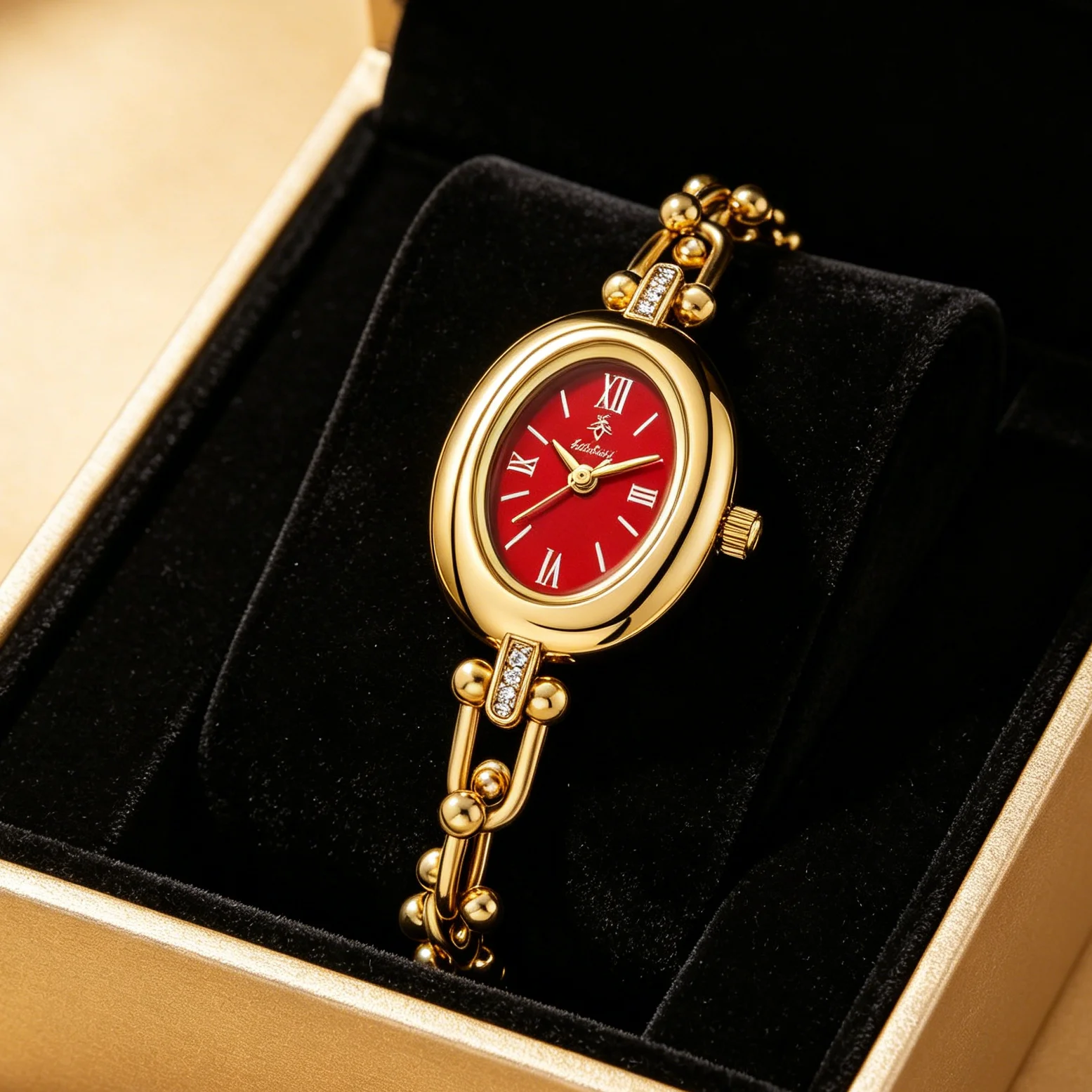 YaLaLuSiVintage French Gold Ladies Watch Mini Oval Wine Red Roman Dial Sparkly Crystal U Chain Beaded Strap Dainty Elegant Quartz Wristwatch For Women Daily Commute