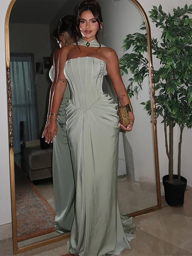 

Elegant Long Dress Women Strapless Sleeveless Scarf High Waist Vestidos Female 2025 Spring Summer New Chic Lady Evening Dresses