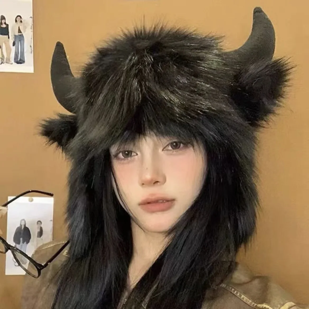 Big Black Bull Horn Mao Lei Feng Hat for Men and Women Winter Warm Ear Protection Windproof  Hat Russian Ski Hat Faux Fur Hats