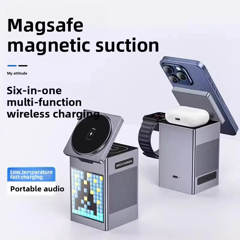 Six-in-one multi-functional magnetic Bluetooth speaker, alarm clock, wireless charger, Magsfe desktop phone stand, watch