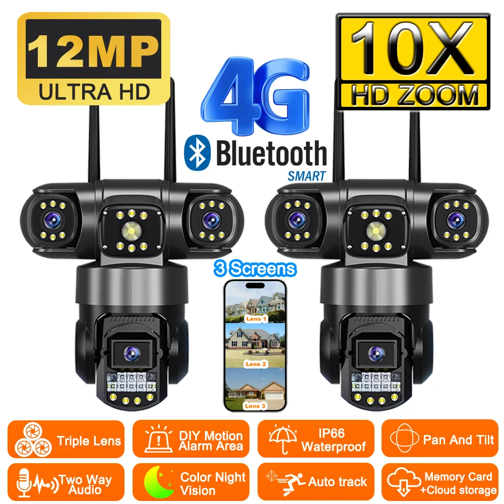 

12MP 6K 4G Security Camera HD 3 Lens 10X Zoom PTZ IP Camera 360 Monitor Outdoor Motion Detection Night Vision Waterproof CCTV