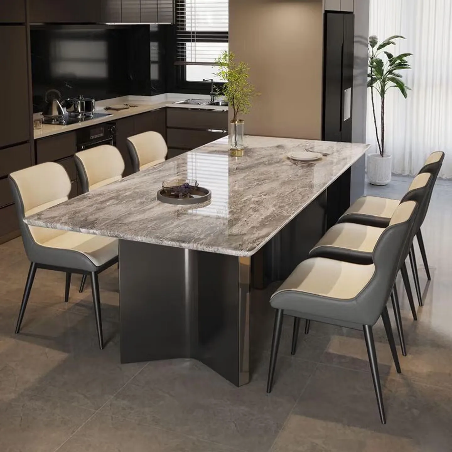 

Легкий роскошный обеденный стол из светлого мрамора и стулья, простой прямоугольный обеденный гарнитур для дома