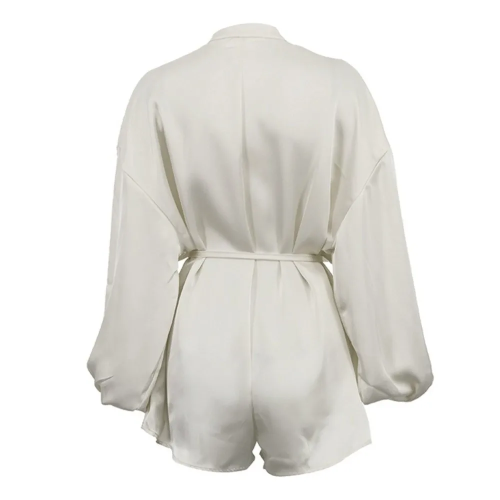 Solid Color Women's Jumpsuit Lace Up Front Drawstring Waist Stand Collar Jumpsuit Beige Color Single Breasted Satin Jumpsuit