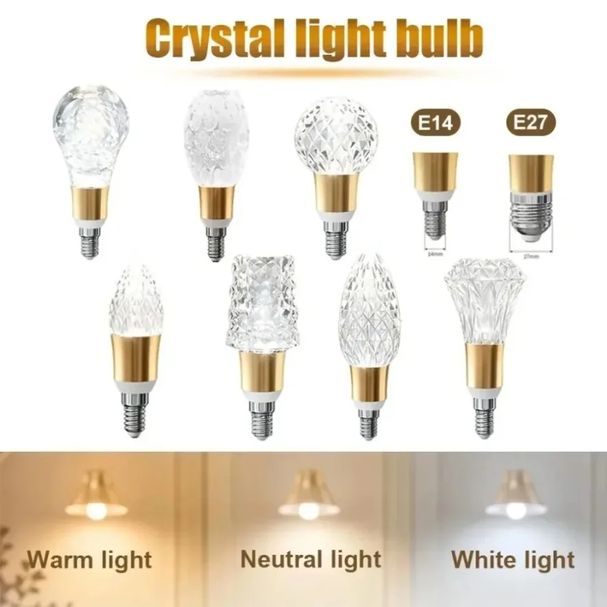 2PCS Acrylic Crystal Decorative E27 E14 LED Bulb High CRI Ra97+ 3000K-6000K for Corridor Balcony Study Cabinet Indoor Lighting