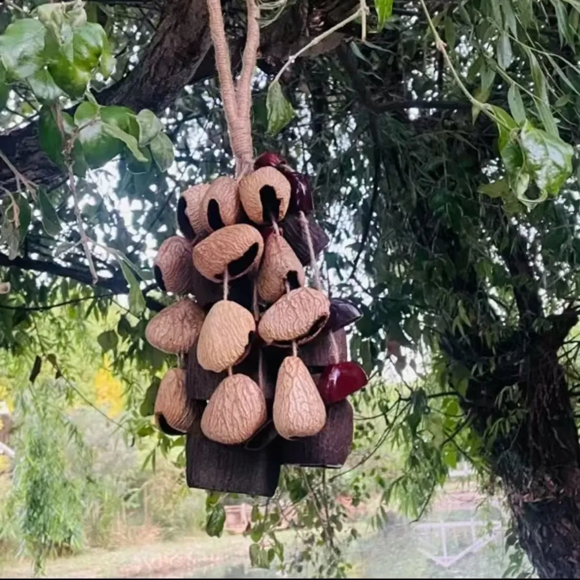 Natural handmade nut shell hanging bell seed sound healing hand ring bell full wish fruit bag pendant view 2