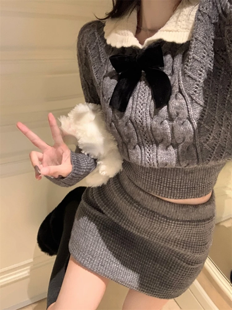 2023 Spring Grey Sweater Knitted Suits Women Casual Long Sleeve Bow Y2k Mini Dress Female 2 Piece Set Korea Fashion Chic Outwear