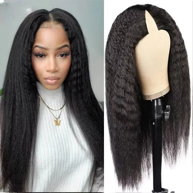 

Кудрявый прямой парик с V-образной частью, натуральный цвет, человеческие волосы, бразильский парик, без несмывания, V-образные парики, обновление, плотность 220%