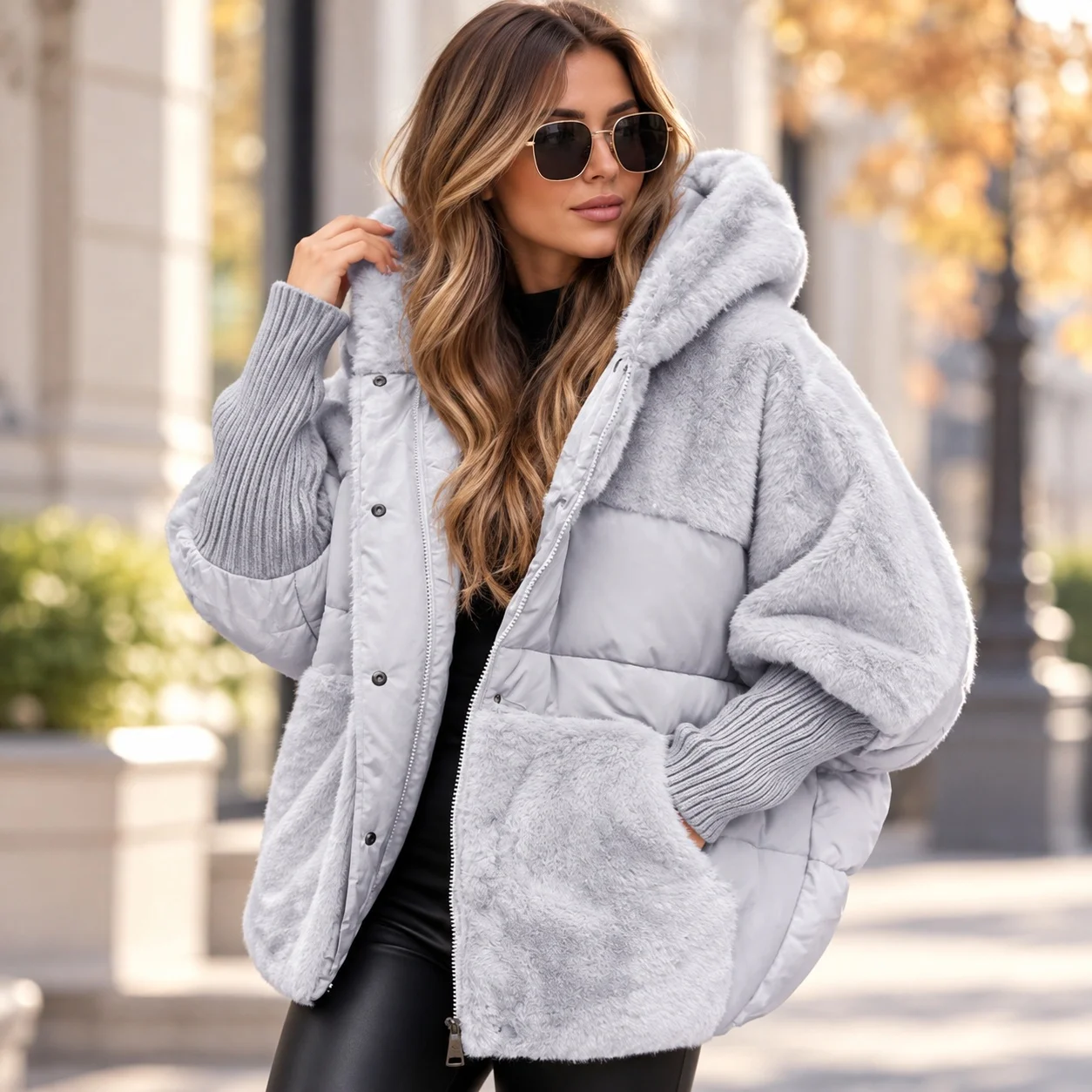 Thick Loose Fit Coat Streetwear with Zipper Closure Raglan Sleeve Regular Length Ribbed Detail Long Sleeve Autumn for Women