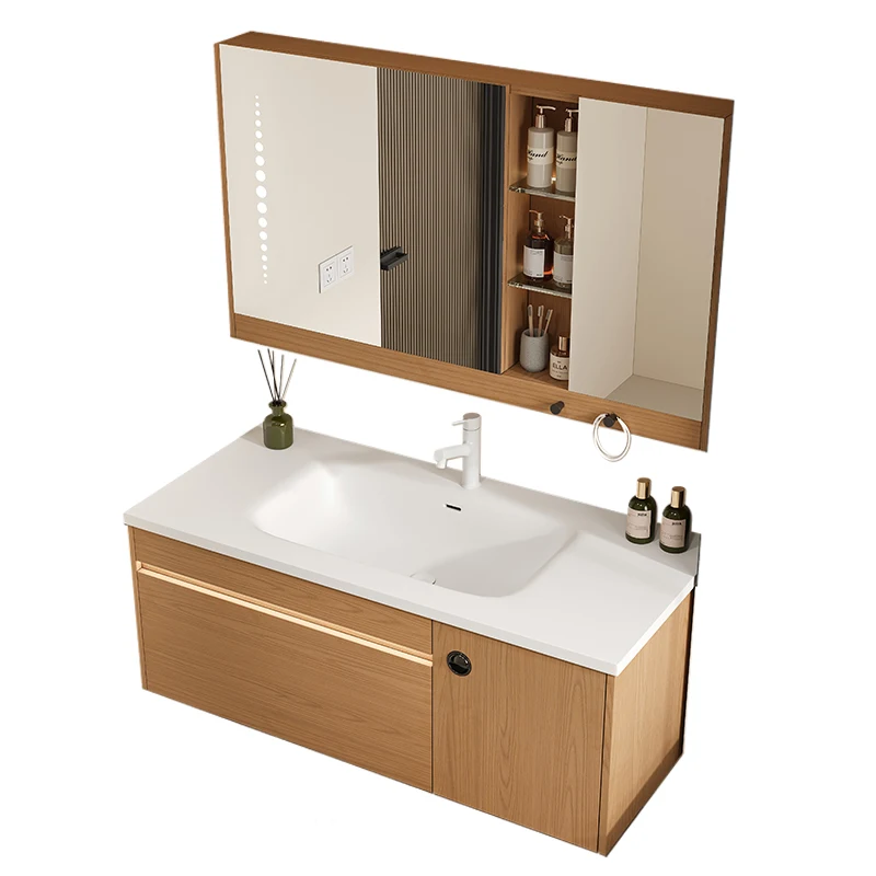 

New simple and light luxury Corian integrated basin oak bathroom cabinet combination bathroom intelligence