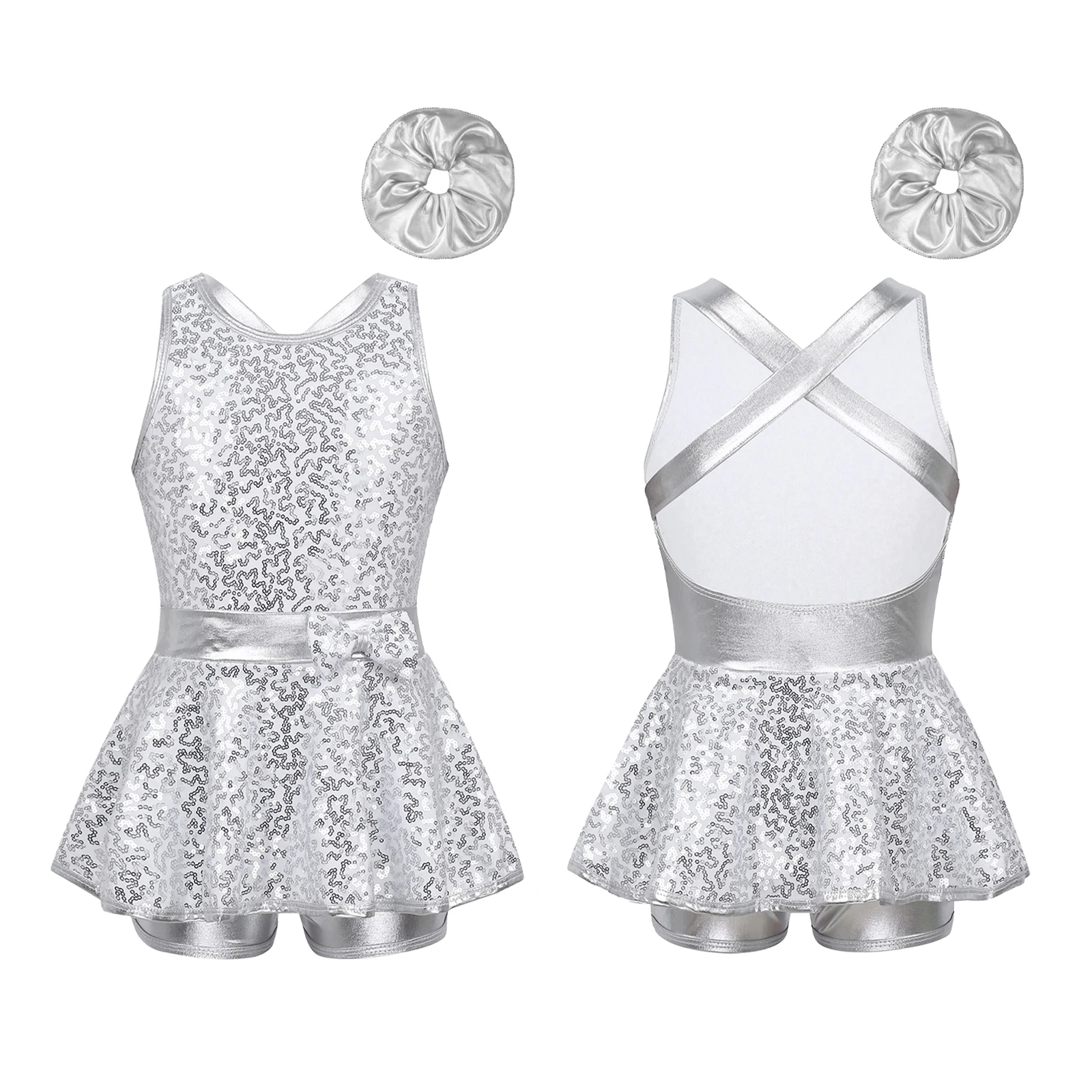 

Kids Girls Jazz Dance Performance Costume Ballet Leotard Dress Shiny Sequined Sleeveless Criss Cross Back Bowknot Leotard Outfit