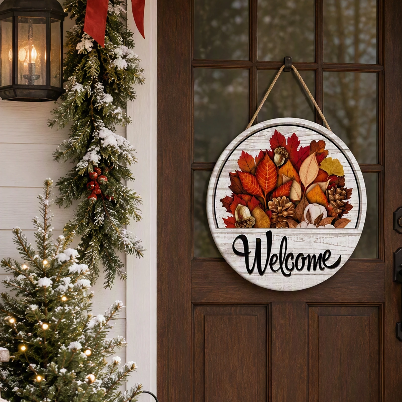 Seasonal Front Door Sign 16 Interchangeable Round Wood Icons Rustic Farmhouse Welcome Decor