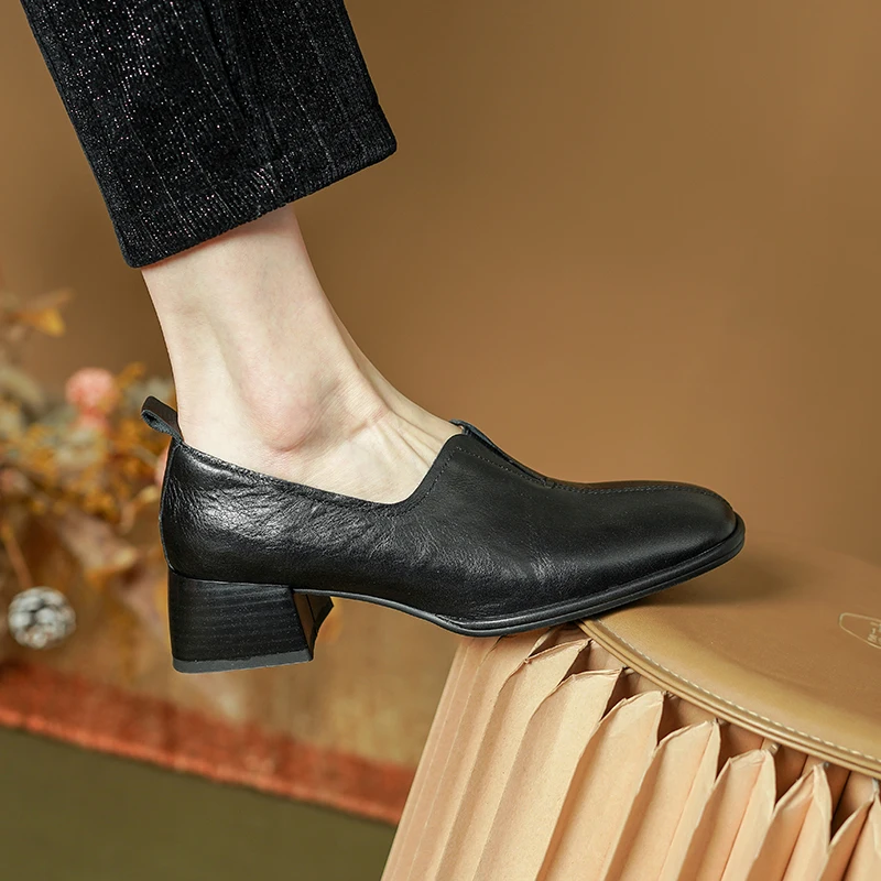 2024 New Basic Mid Heels Women Pumps Spring Summer Genuine Leather Round Toe Loafers Concise Casual Office Working Shoes Woman