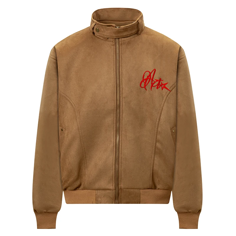 

Spring Men Stylish Suede Jackets Hip Hop Letter Embroidery 2025 Streetwear Harajuku Casual Fashion Zip-Up Jacket Coats Outerwear